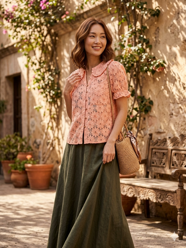 Women Orange Embroidery Lace Shirt