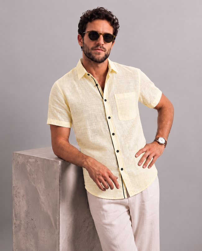 Men Linen Yellow Regular Shirt