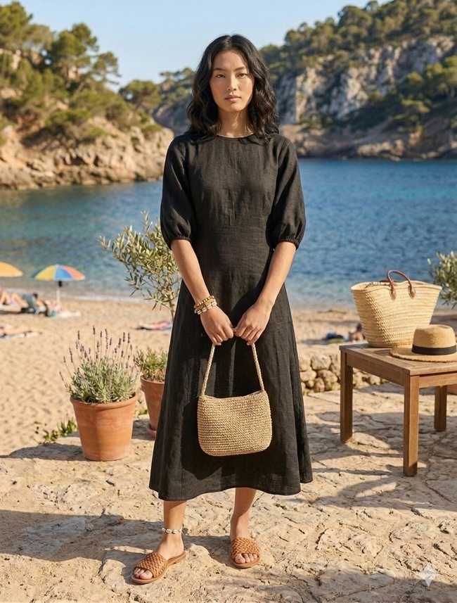 Women Black Linen Blend Dress