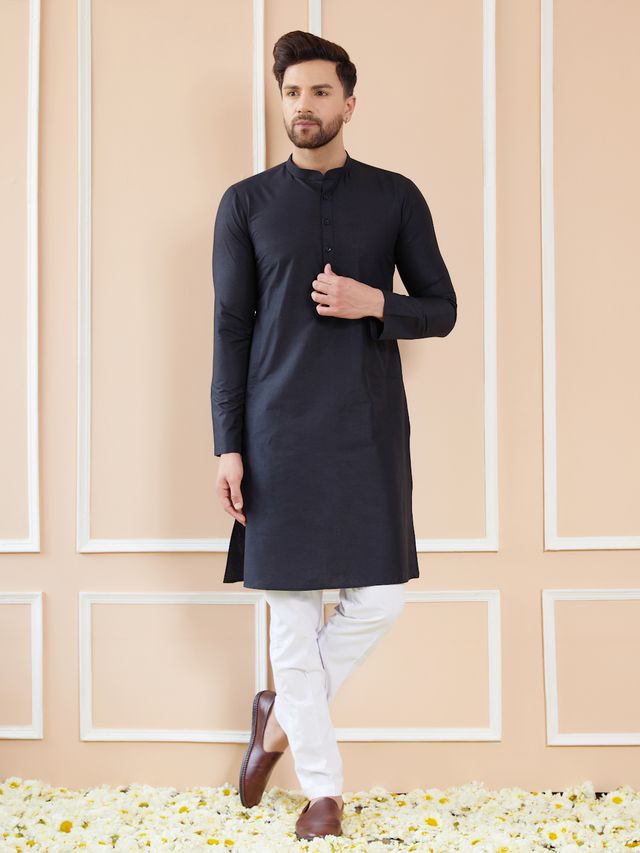 Men Black Cotton Solid Straight Kurta