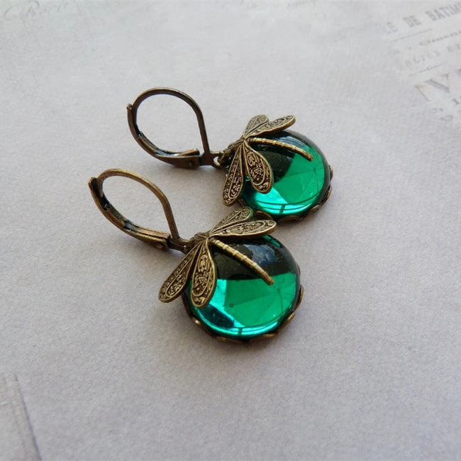 Vintage Elegant Dragonfly Emerald Green Hoop Earring