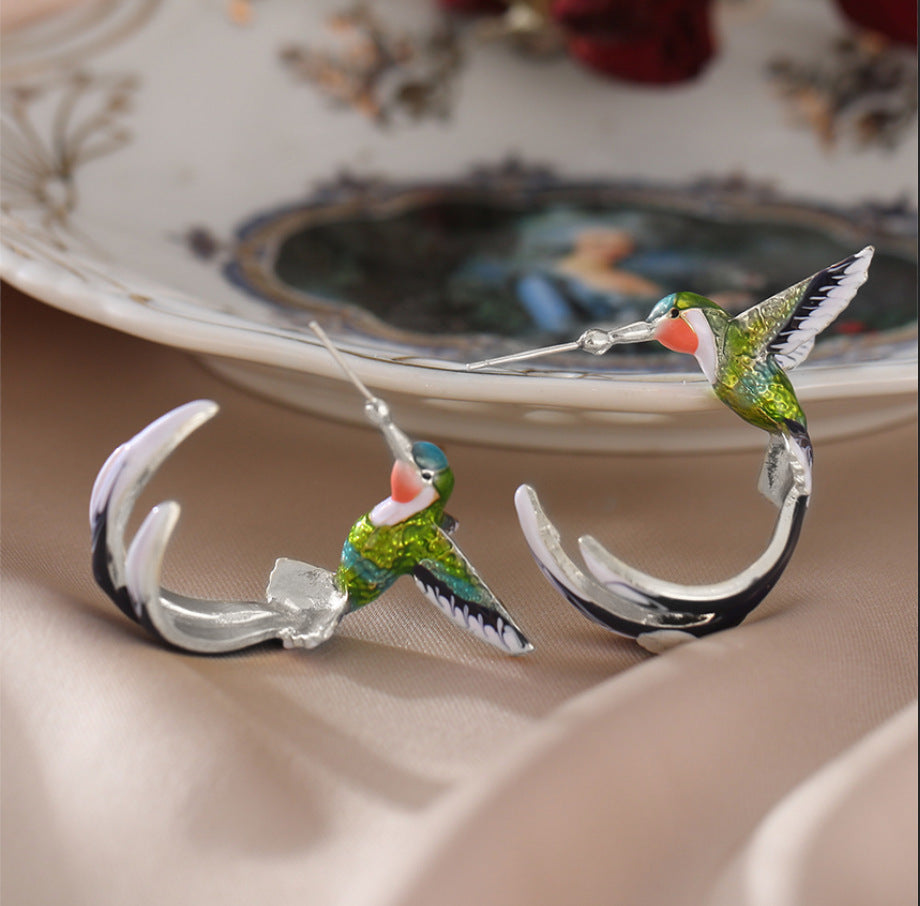 Humming Bird Silver Feather Multicolor Stud Earring