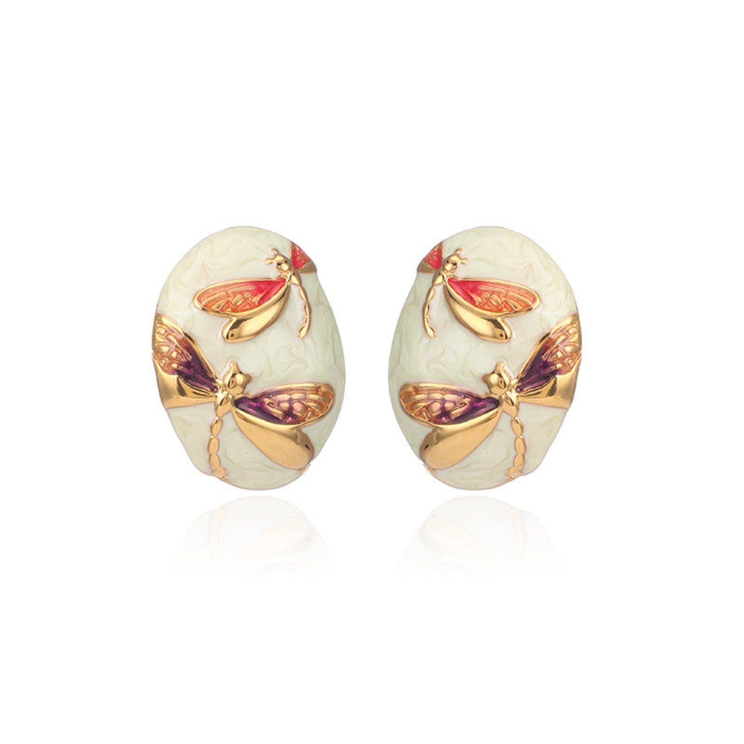 Purple Dragonfly Oval Shaped White Stud Earring