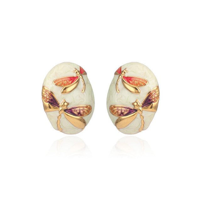 Purple Dragonfly Oval Shaped White Stud Earring