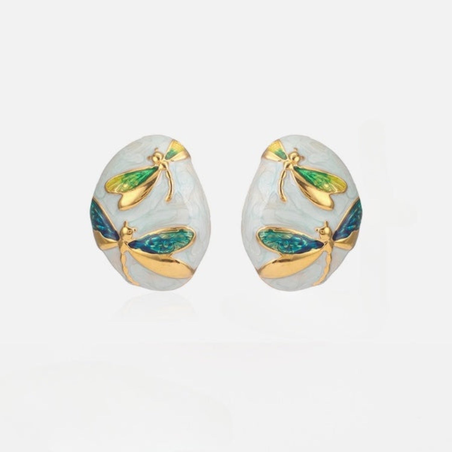 Blue Dragonfly Oval Shaped White Stud Earring