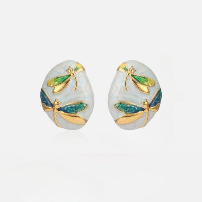 Blue Dragonfly Oval Shaped White Stud Earring