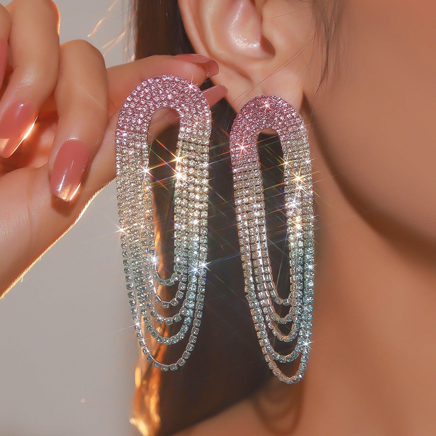 Crystal Tassel Rhinestone Tricolor Dangle Pin Earring