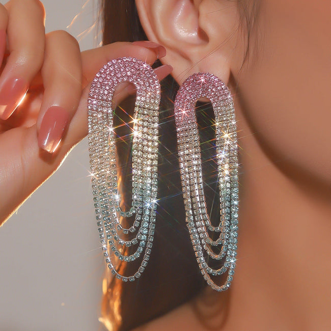 Crystal Tassel Rhinestone Tricolor Dangle Pin Earring