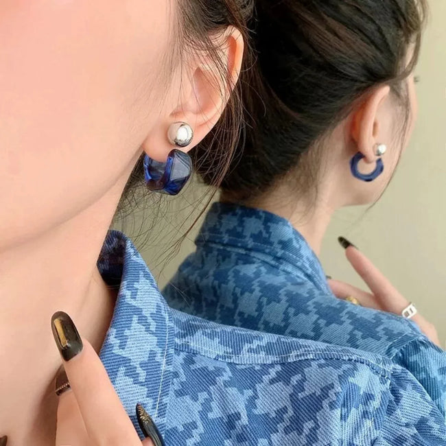 C Shaped Hoop Blue Earrings