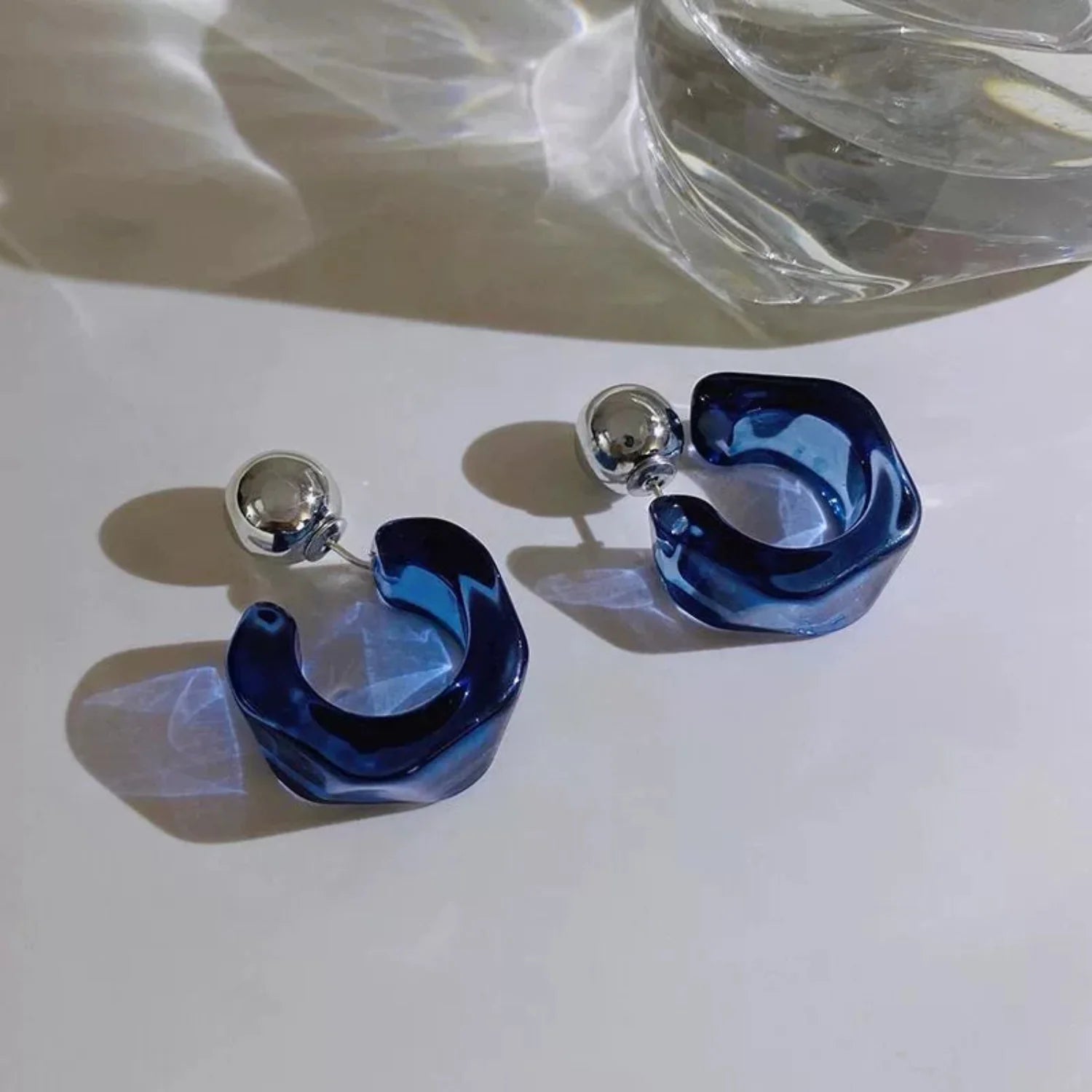 C Shaped Hoop Blue Earrings