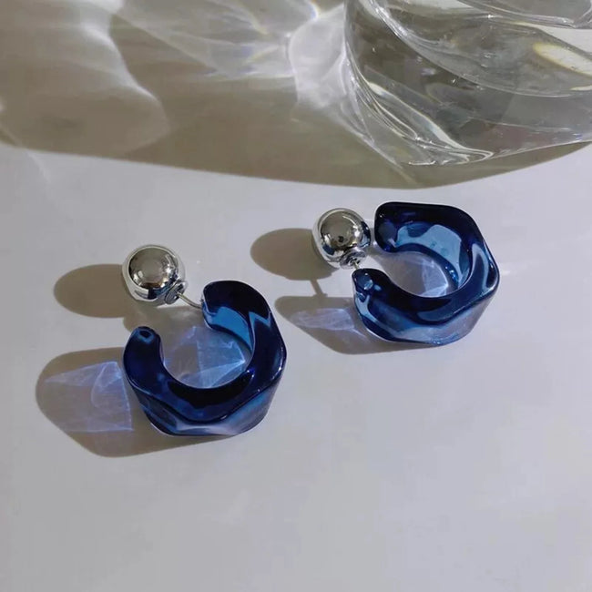 C Shaped Hoop Blue Earrings