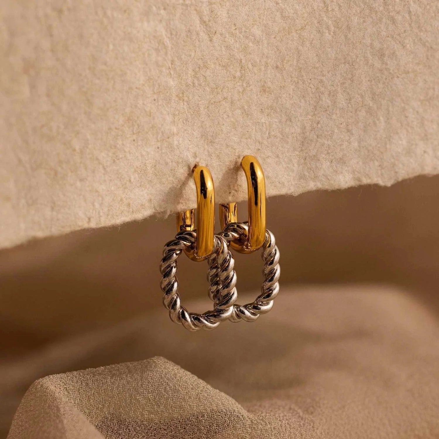 Dual Tone Interlocking Hoop Earrings