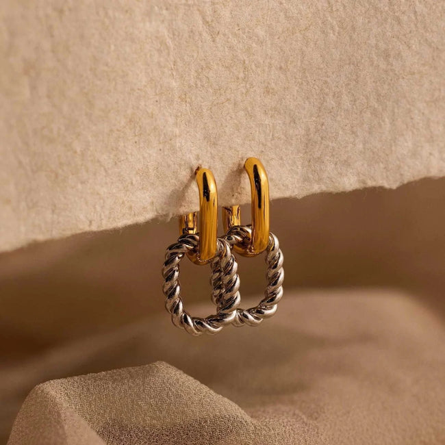 Dual Tone Interlocking Hoop Earrings