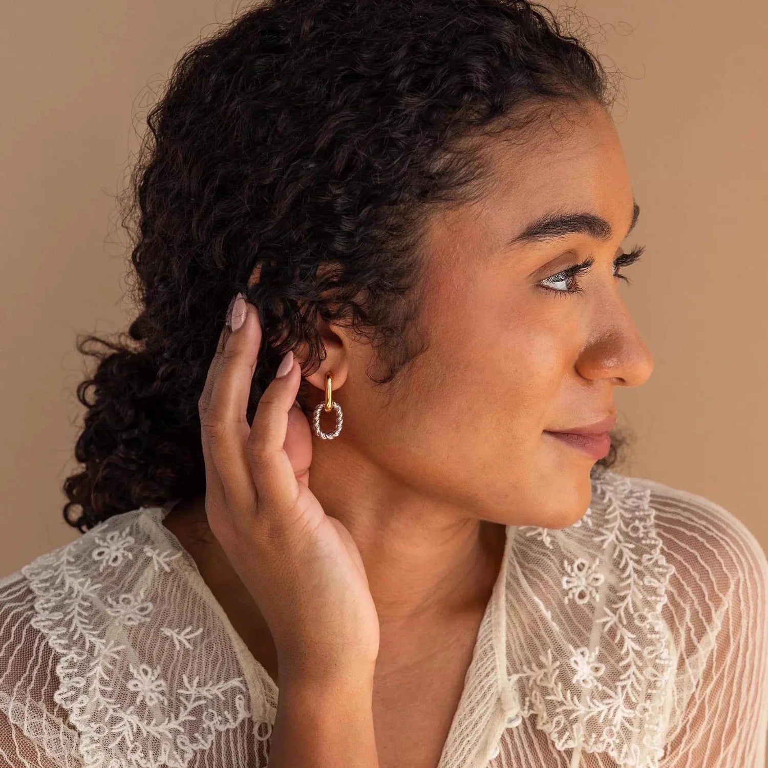 Dual Tone Interlocking Hoop Earrings