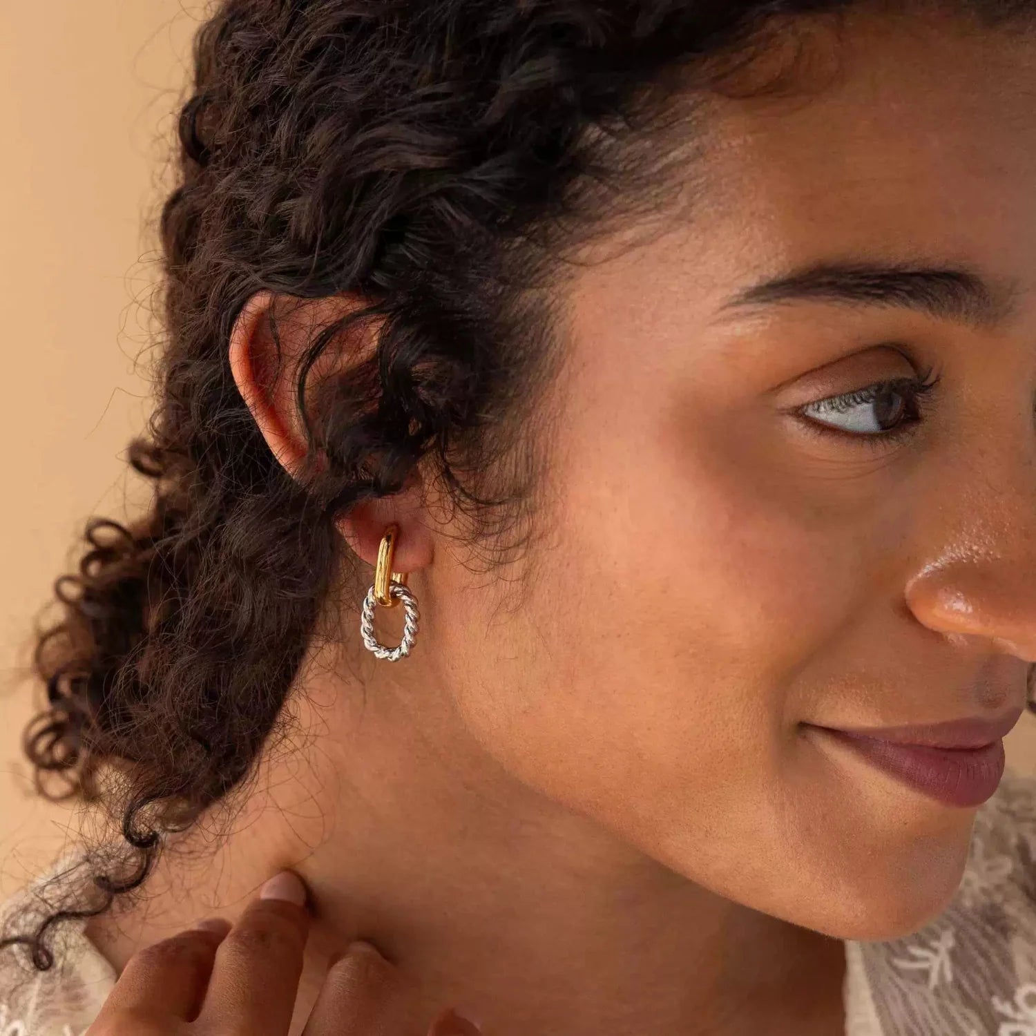 Dual Tone Interlocking Hoop Earrings