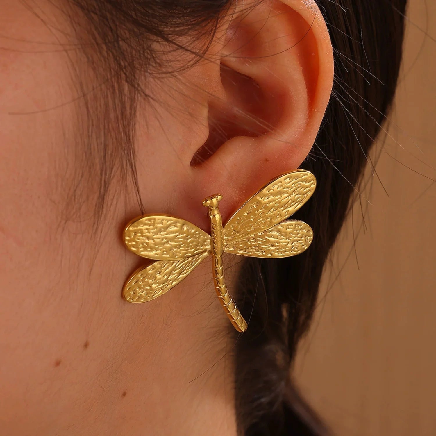 Gold Textured Dragonfly Stud Earrings
