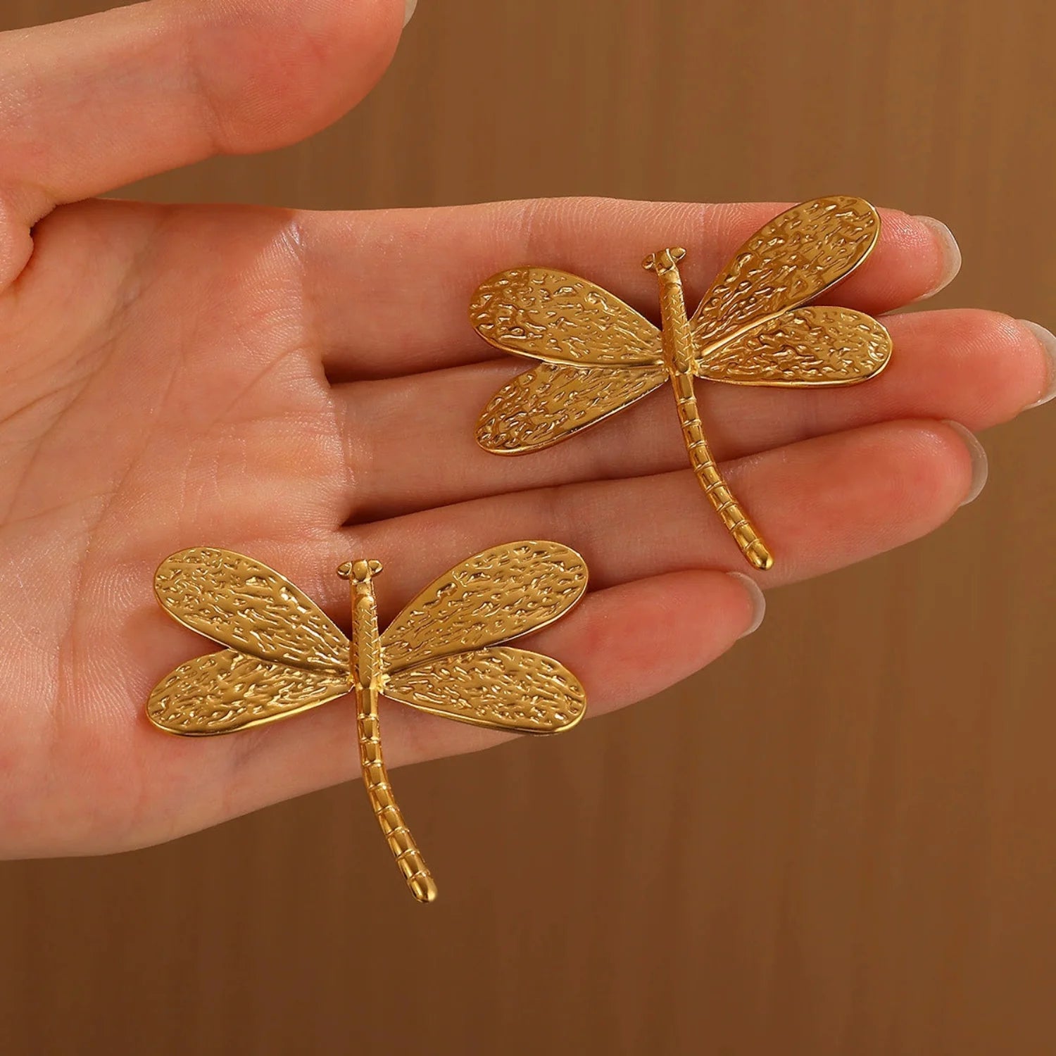 Gold Textured Dragonfly Stud Earrings