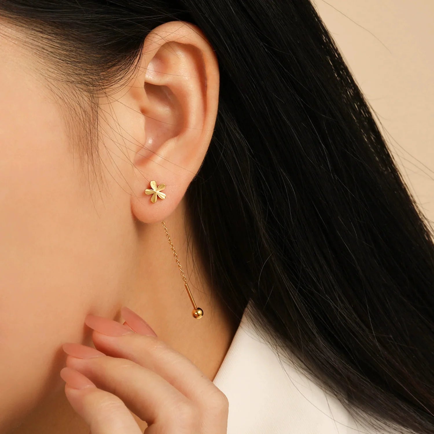 Gold Flower Threader Drop Earrings