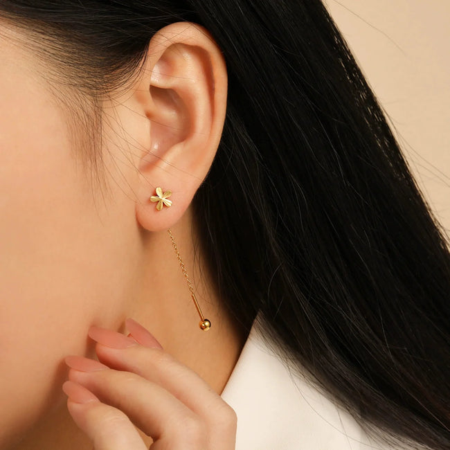 Gold Flower Threader Drop Earrings