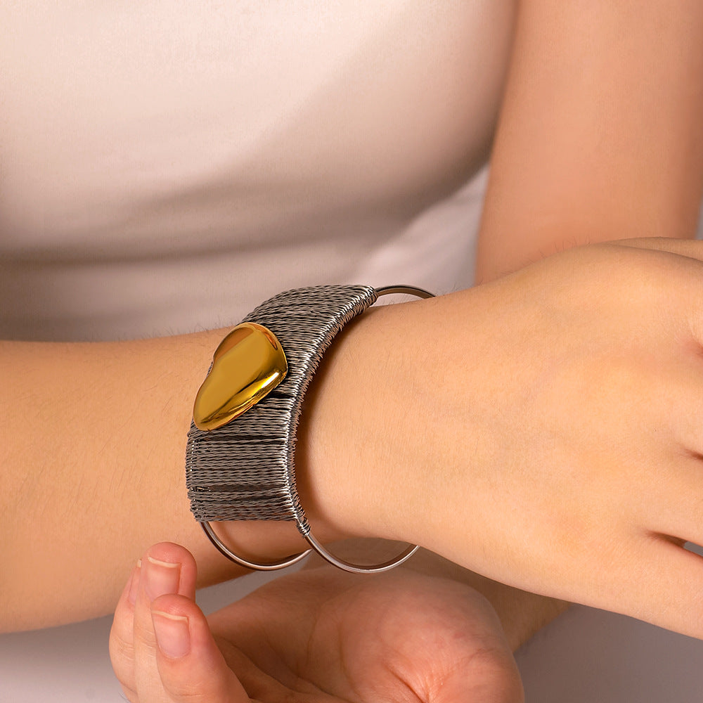 Wire Styled Gold Heart Inlaid Cuff Silver Bracelet