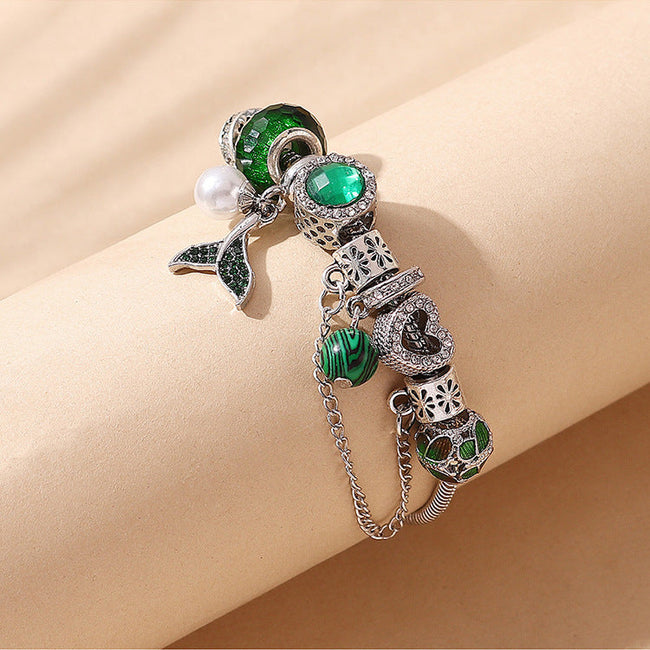Green Stone Embeded Heart Dolphin Tail Charms Silver Bracelet