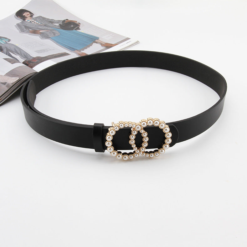 Women Black Pearl Snap Buckle Belt
