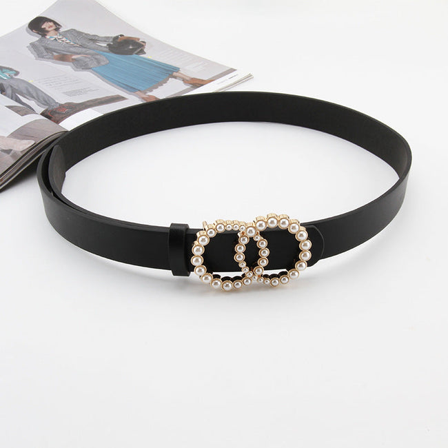 Women Black Pearl Snap Buckle Belt
