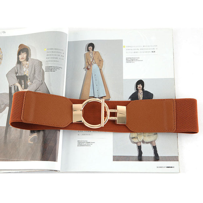 Women Brown Coat Wide Elastic Belt