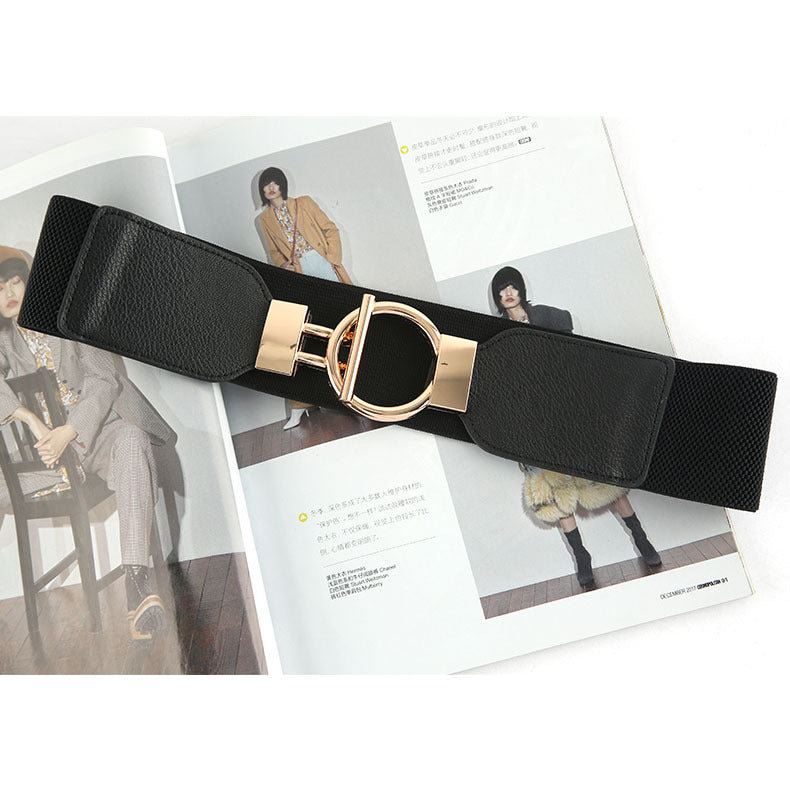 Women Black Coat Wide Elastic Belt