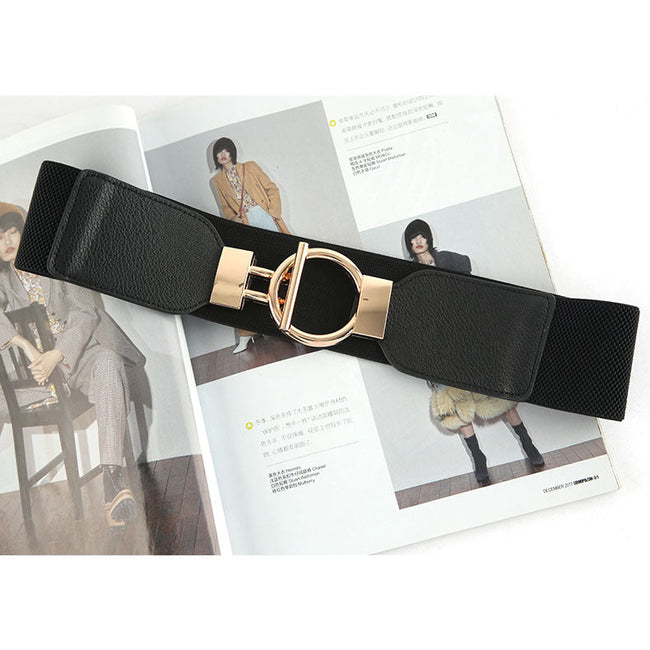 Women Black Coat Wide Elastic Belt