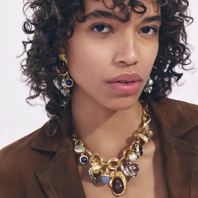 Hollow Chain Multi Drop Multi Color Charms Gold Necklace