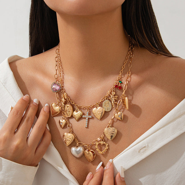 Multi Styled Drop Heart Cross Charms Gold Necklace