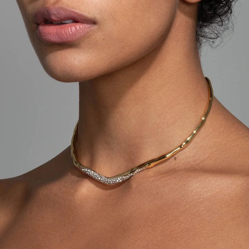 Irregular Circular White Stone Embeded Gold Necklace