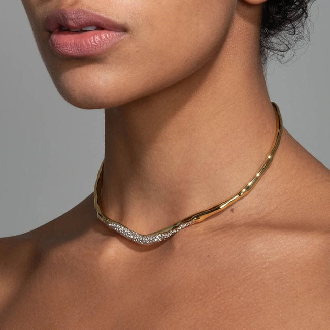 Irregular Circular White Stone Embeded Gold Necklace