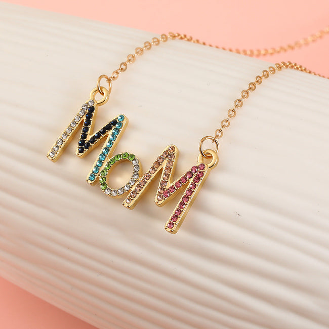 Alloy Diamond Mom Rainbow Color Letter Necklace