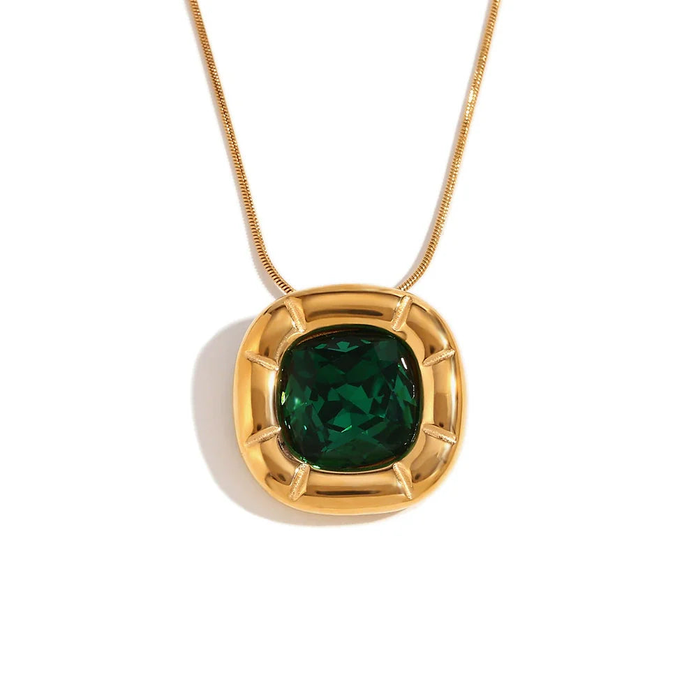Gold Toned Pendant Necklace With Cushion Cut Emerald Green Stone