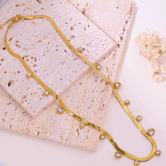 Golden Snake Chain Necklace With Heart Round Crystal Charms