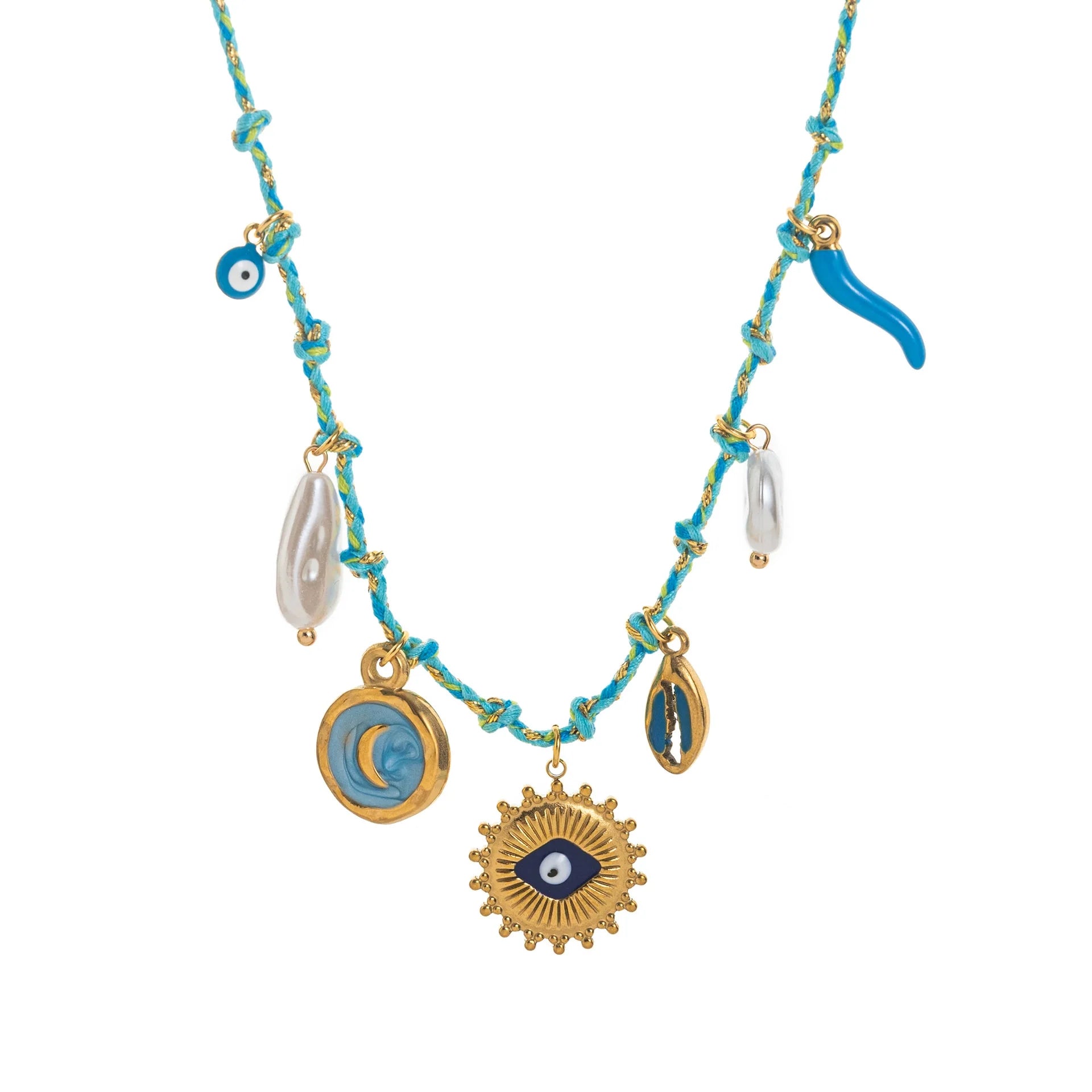 Turquoise Braided Evil Eye Charm Necklace With Pearl Gold Accents
