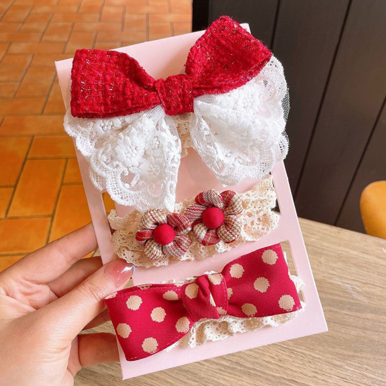 Red & Lace Bow Hair Tie Set (Pack Of 3)