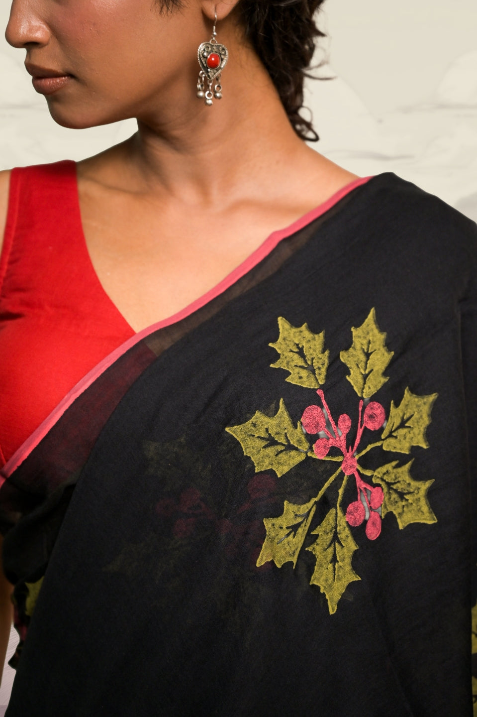 Joys of Holly Black Handloom Mul Cotton Saree with Handblock-Printed Holly Leaf Motifs