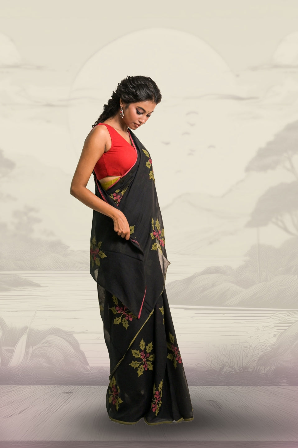 Joys of Holly Black Handloom Mul Cotton Saree with Handblock-Printed Holly Leaf Motifs