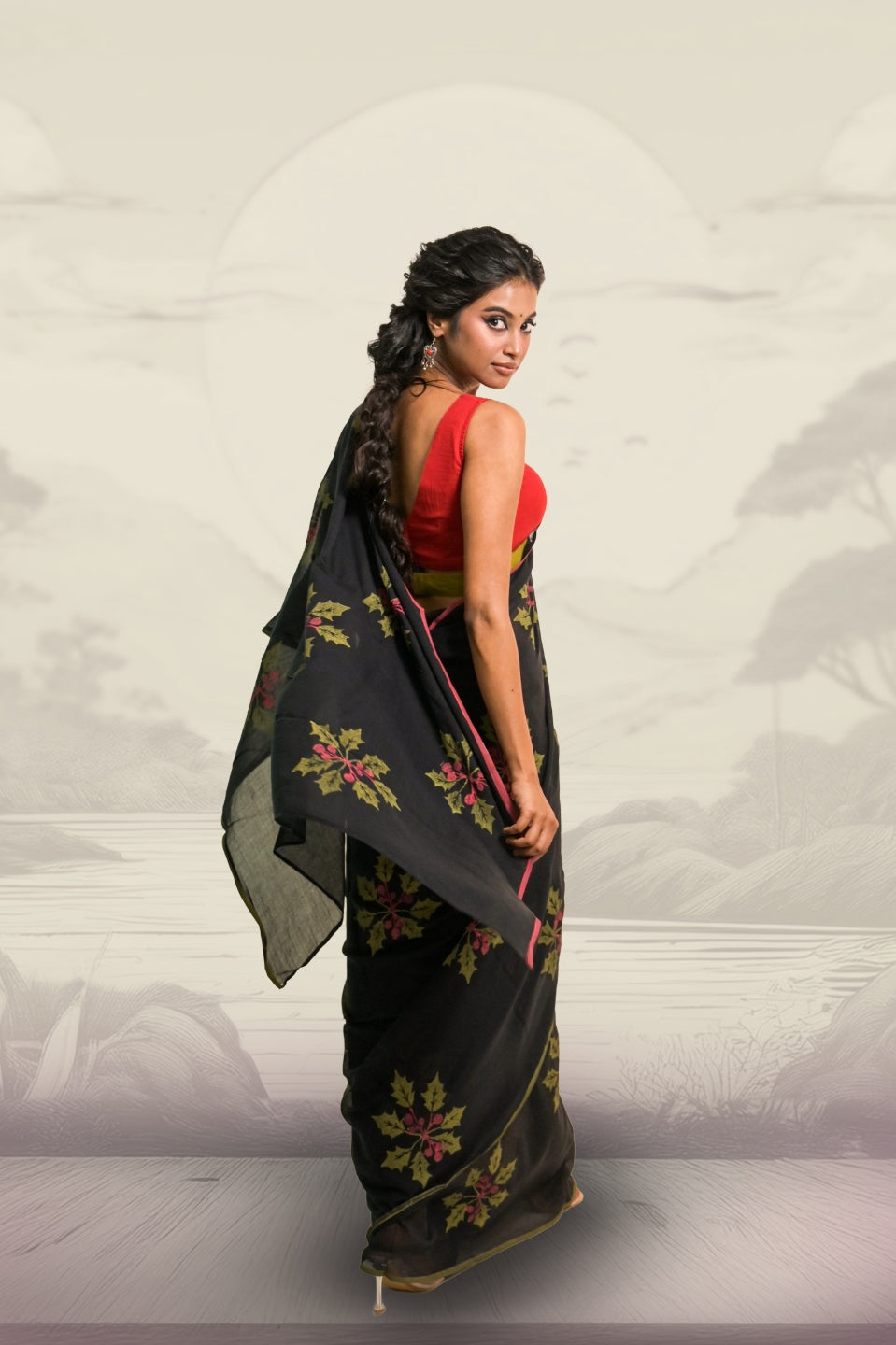 Joys of Holly Black Handloom Mul Cotton Saree with Handblock-Printed Holly Leaf Motifs