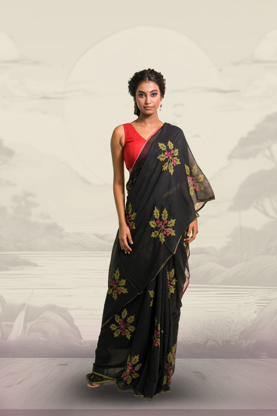 Joys of Holly Black Handloom Mul Cotton Saree with Handblock-Printed Holly Leaf Motifs