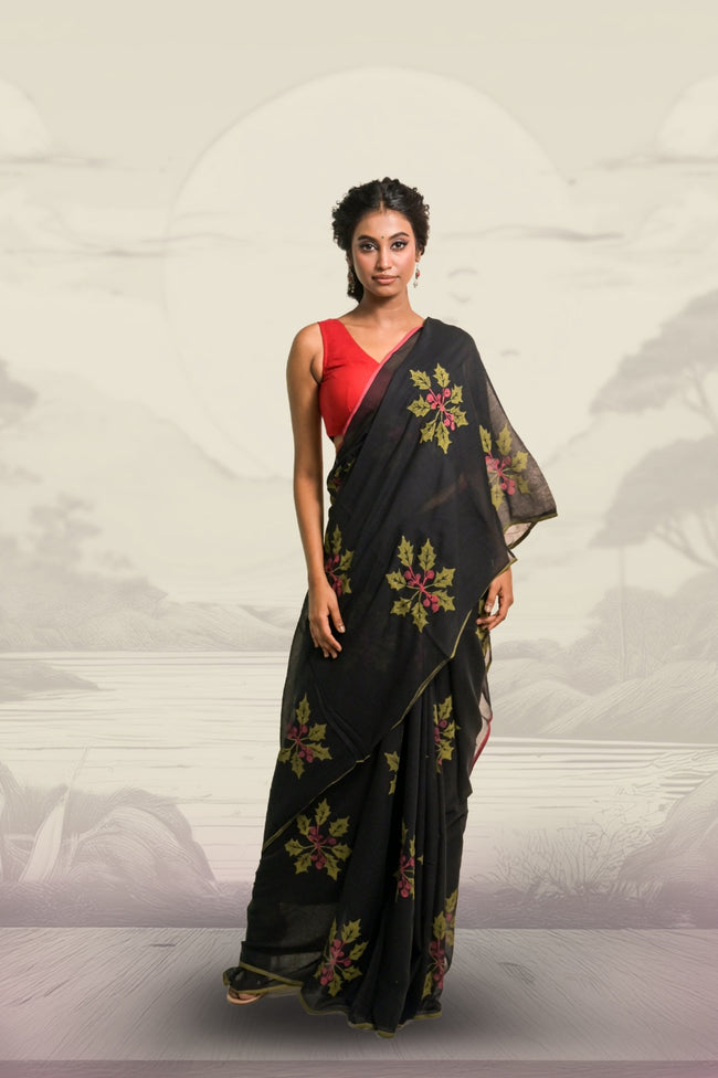 Joys of Holly Black Handloom Mul Cotton Saree with Handblock-Printed Holly Leaf Motifs
