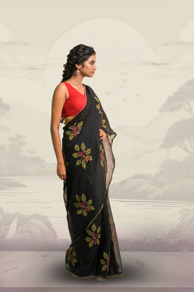 Joys of Holly Black Handloom Mul Cotton Saree with Handblock-Printed Holly Leaf Motifs