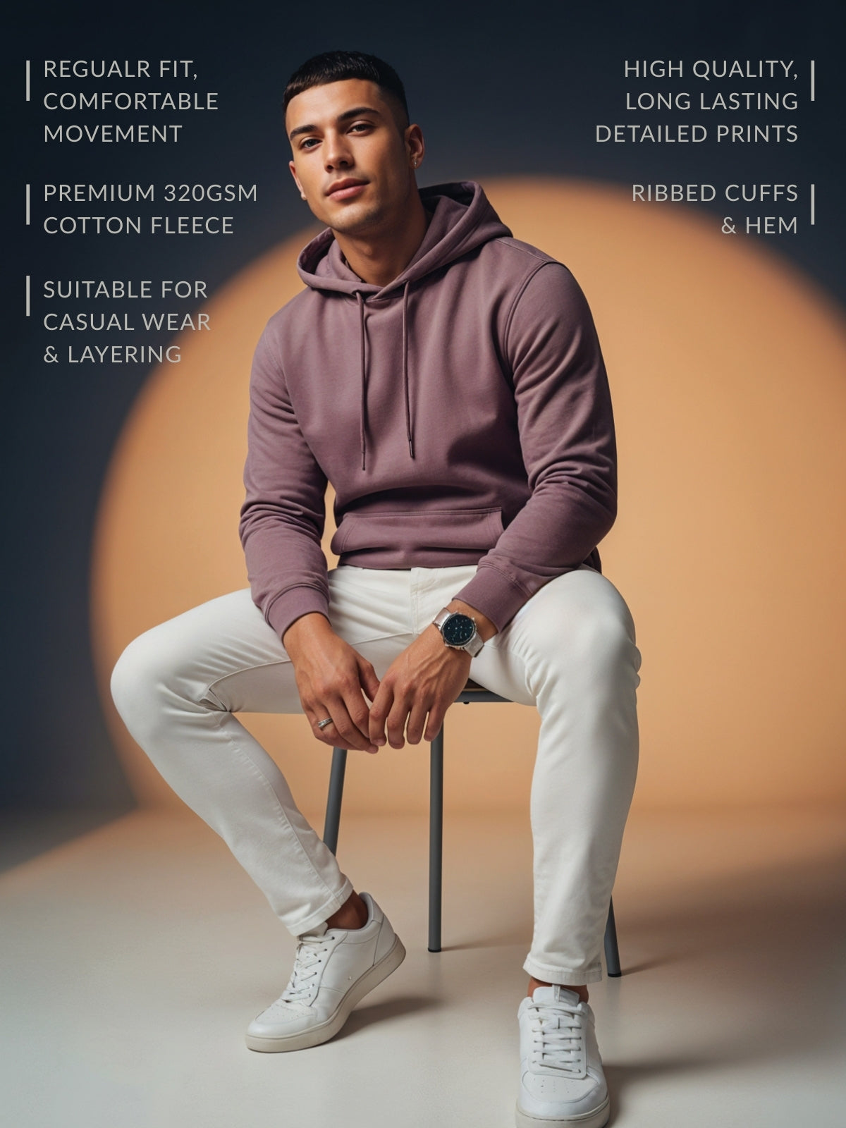 Men Mauve Cotton Fleece Hoodie