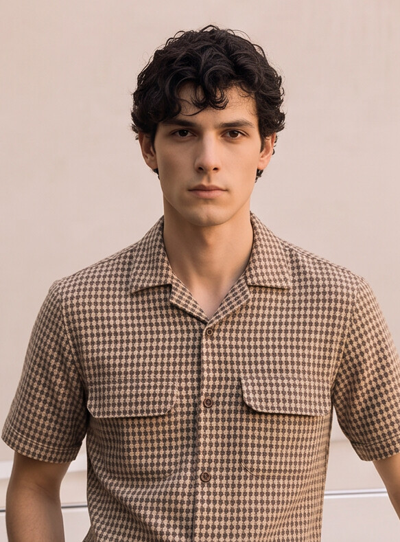 Men Brown Geometric Jacquard Cuban Collar Shirt
