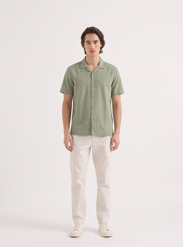 Men Sage Green Cuban Collar Shirt