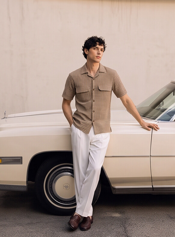 Men Brown Geometric Jacquard Cuban Collar Shirt