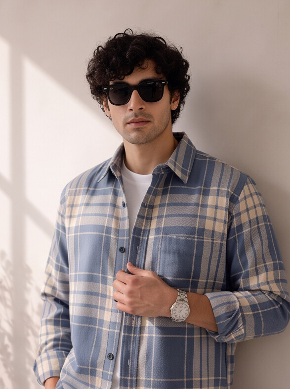 Men Blue Checked Plaid Shirt